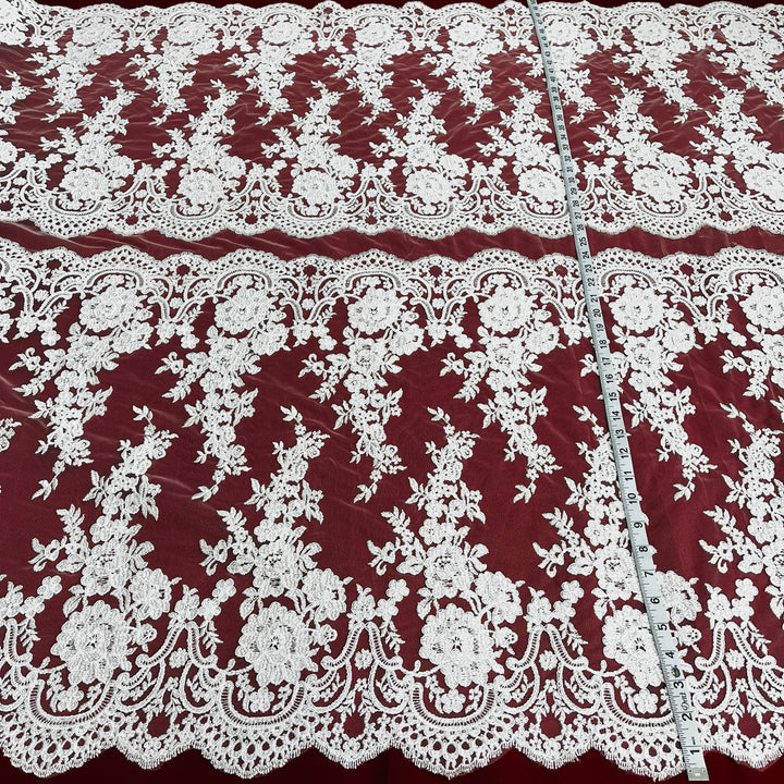 1 Yard Corded Bridal Lace Fabric with Elegant Floral Embroidery White