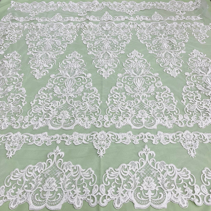 1 Yard Elegant Corded Bridal Lace Fabric Embroidered on 100% Polyester Net Mesh White