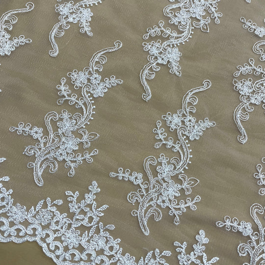 1 Yard Corded Bridal Lace Fabric Embroidered 100 Percent Polyester Net Mesh 54 inch Width