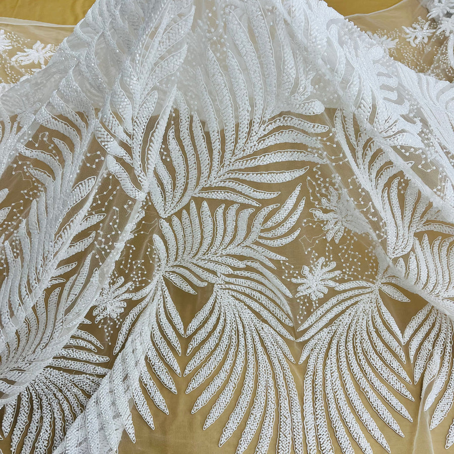 1 Yard Beaded and Corded Bridal Lace Fabric Embroidered on Polyester Net Mesh