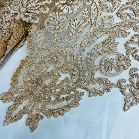 1 Yard Exquisite Corded Bridal Lace Fabric Embroidered on Polyester Net Mesh