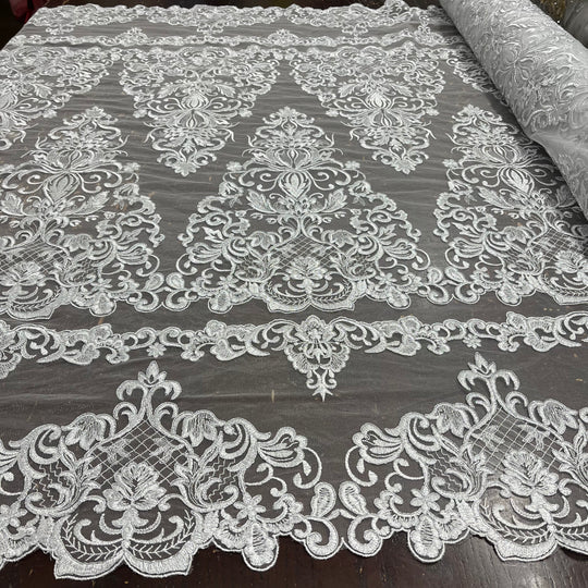 1 Yard Elegant Corded Bridal Lace Fabric Embroidered on Polyester Net Mesh