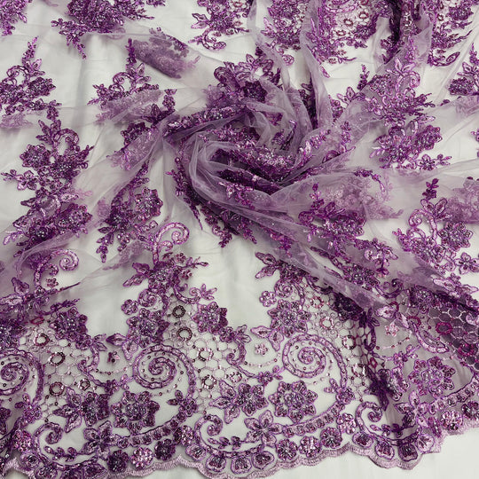 1 Yard Beaded and Corded Bridal Lace Fabric Embroidered on Polyester Net Mesh