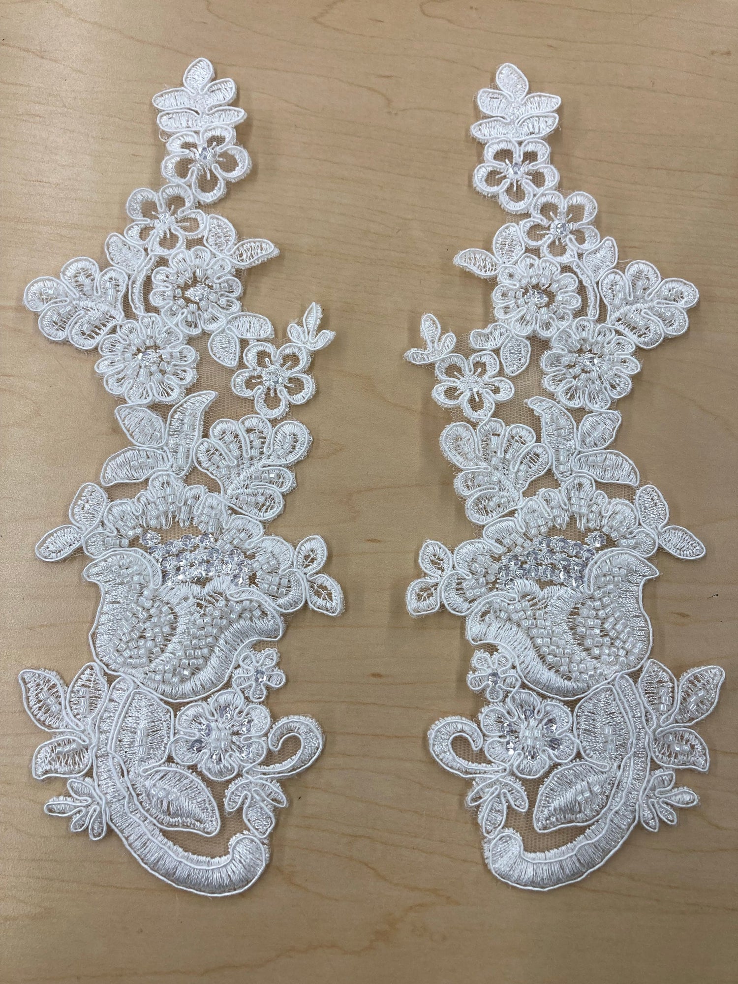 1 Pair 10" x 3.5" Each Side Beaded & Corded Floral Lace Applique100% Polyester Net Mesh
