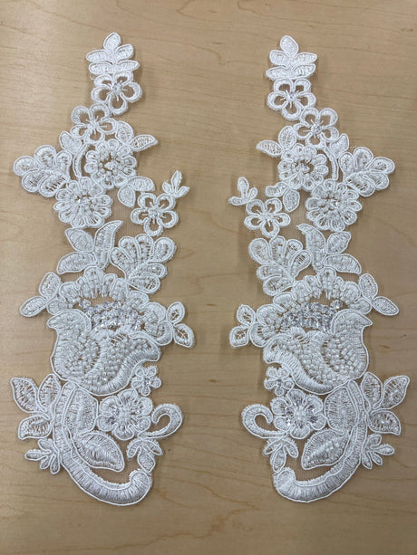 1 Pair 10" x 3.5" Each Side Beaded & Corded Floral Lace Applique100% Polyester Net Mesh