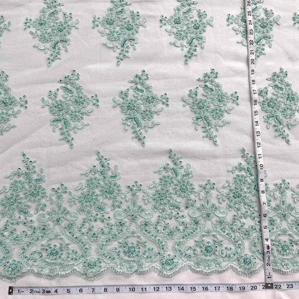1 Yard Elegant Beaded and Corded Bridal Lace Fabric Embroidered on Polyester Net Mesh Sage 54" Width