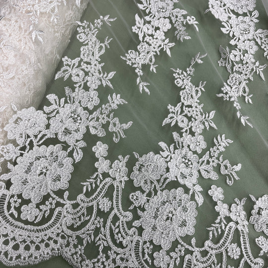 1 Yard Silver Corded Bridal Lace Fabric Embroidered on Polyester Net Mesh Floral Design 54 Inch Width