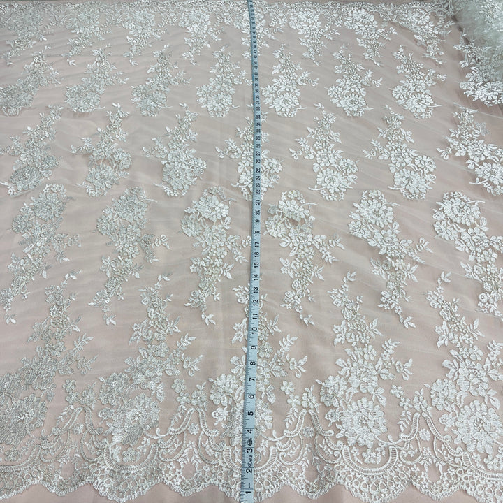 1 Yard Elegant Corded Bridal Lace Fabric with Floral Embroidery White