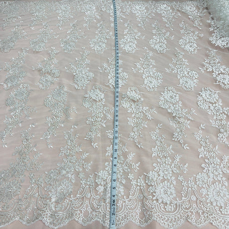1 Yard Elegant Corded Bridal Lace Fabric with Floral Embroidery White