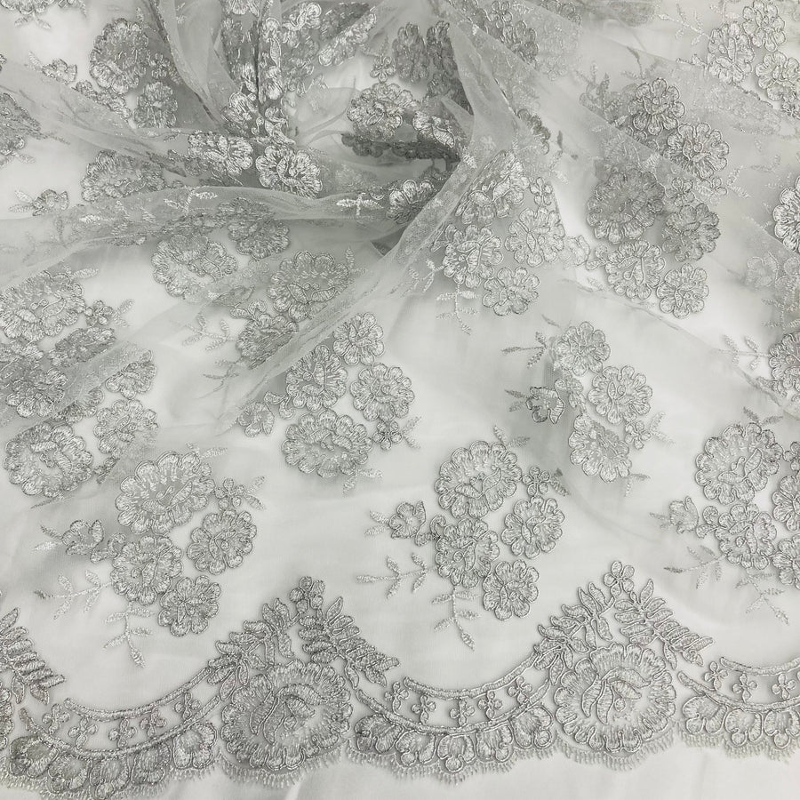 1 Yard - Corded Bridal Lace Fabric Embroidered on 100% Polyester Net Mesh - 50"