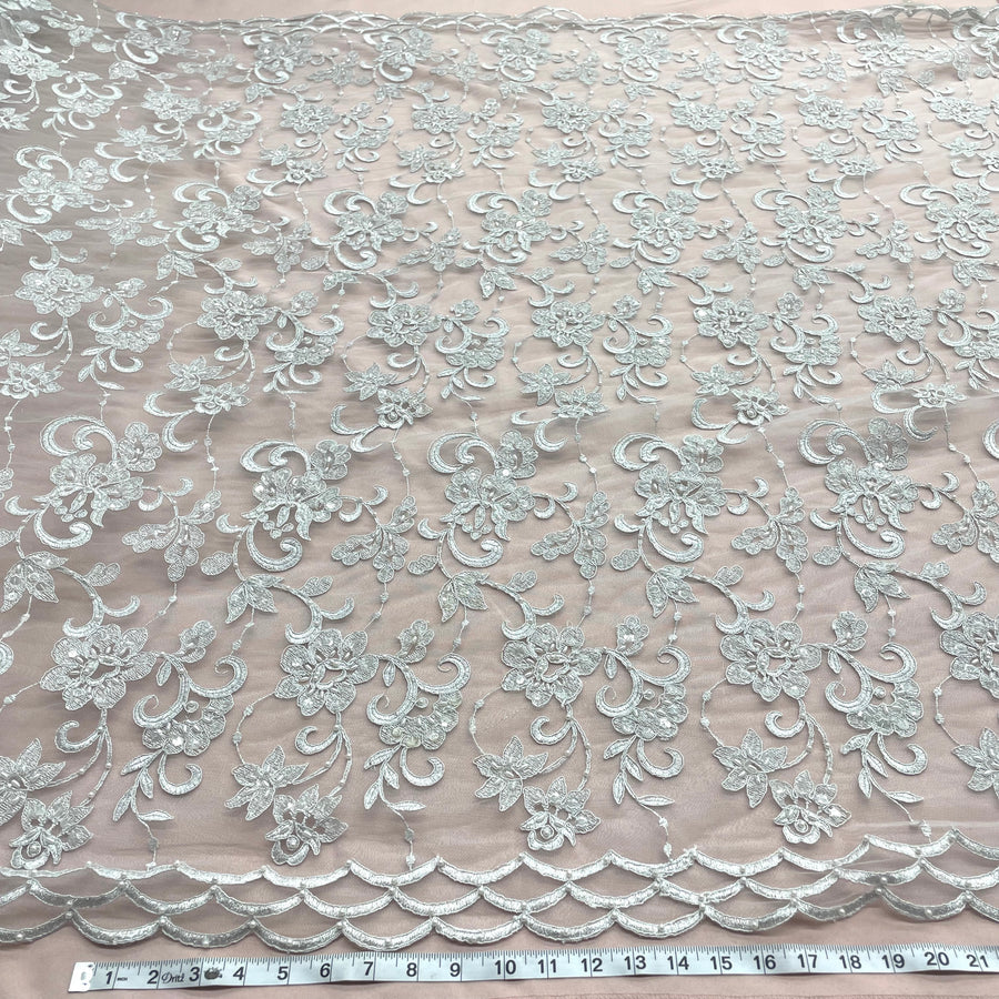 1 Yard - Beaded & Corded Bridal Fabric Lace Embroidered on 100% Polyester Net Mesh - Ivory - 54"