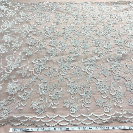 1 Yard - Beaded & Corded Bridal Fabric Lace Embroidered on 100% Polyester Net Mesh - Ivory - 54"