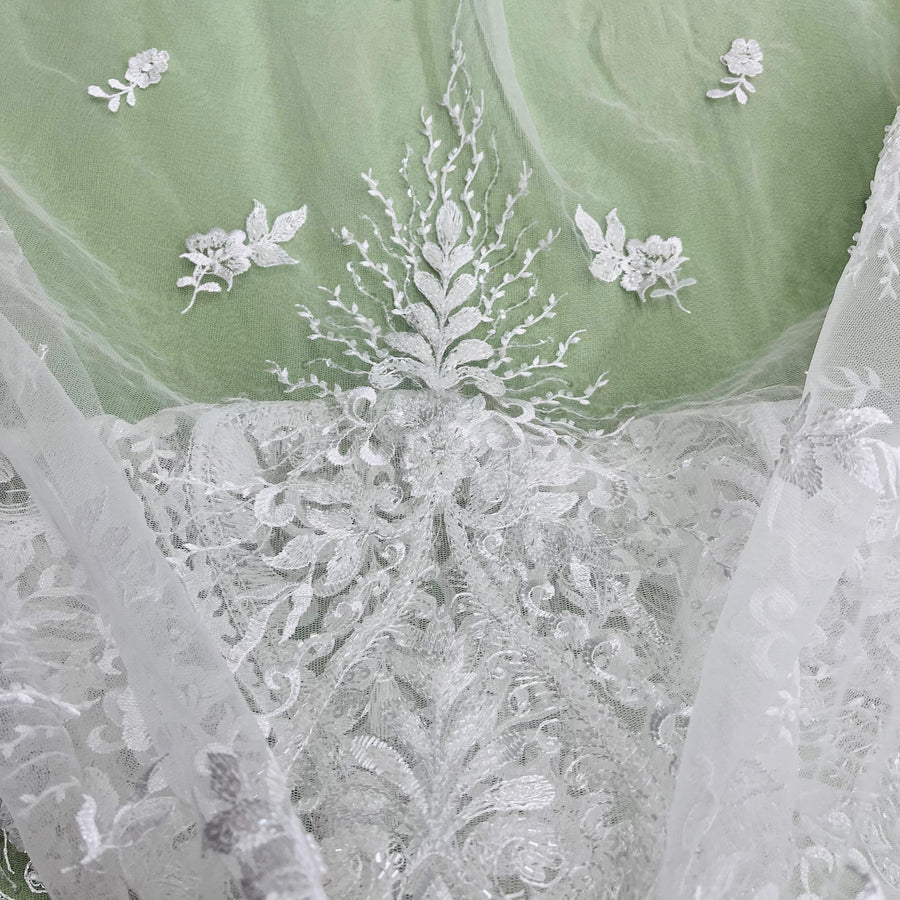 1 Yard Beaded Lace Fabric Embroidered on 100% Polyester Net Mesh | Ivory