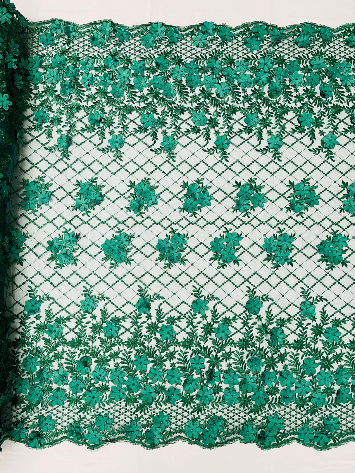 Lia 3D Floral Design Lace Fabric - Beaded Mesh, Double Scallop, 54" Width (1 Yard)