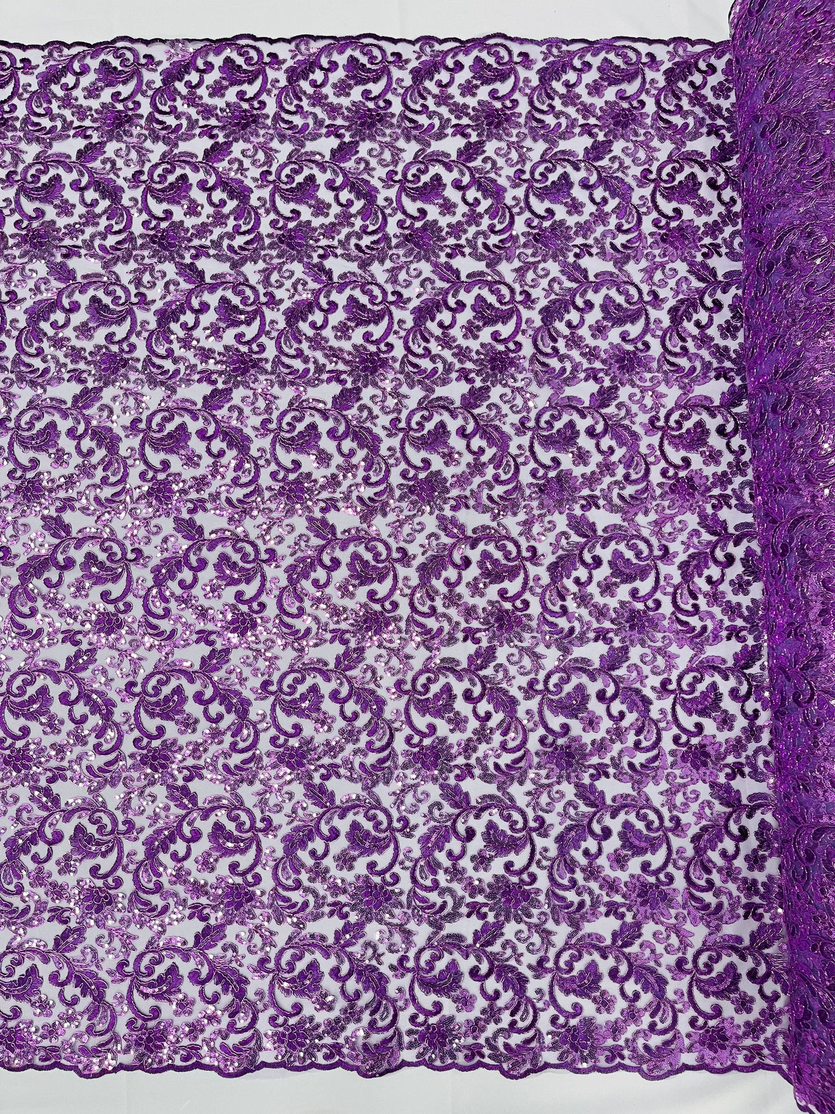 Angela Metallic Corded Lace Fabric - Embroidered Sequins Mesh Lace, Double Scallop Edge, 50-54" Width (1 Yard)