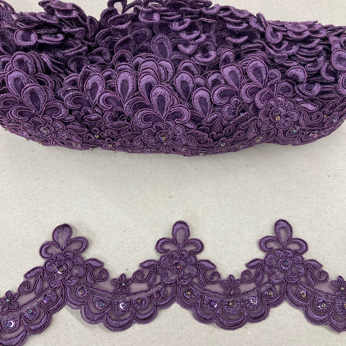 Beaded Lace Trimming Embroidered On 100 Percent Polyester Organza Fabric - Fuchsia, Lilac, Plum, Purple, Turquoise, 3" Width (1 Yard)