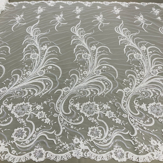 1 Yard Beaded Corded Bridal Lace Fabric Embroidered 100 Percent Polyester Net Mesh 52 inch Width