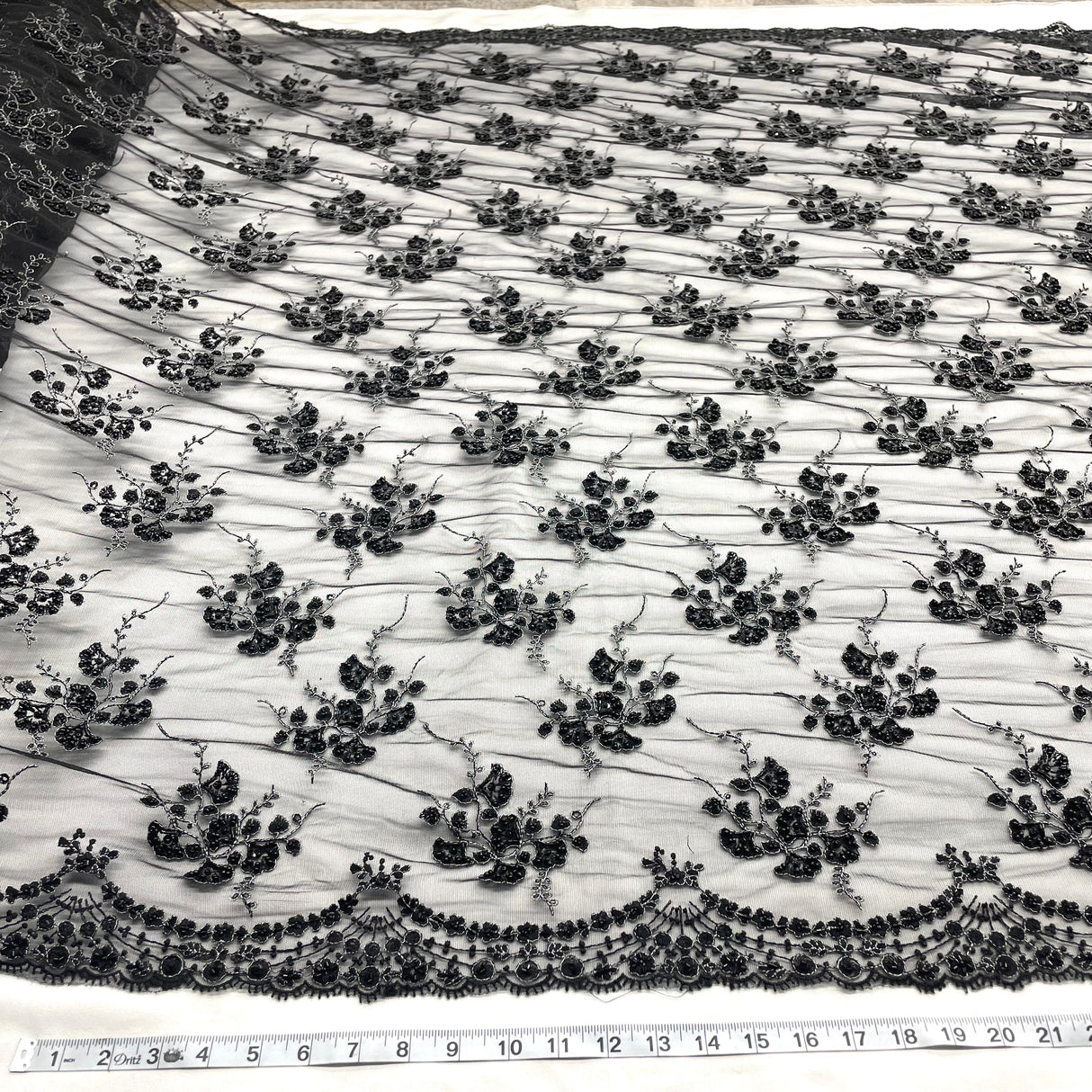 Beaded Sequined Lace Fabric on Polyester Net Mesh