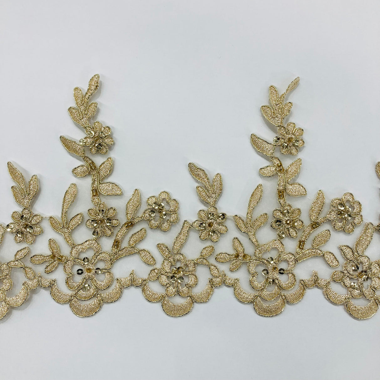 Beaded Corded Lace Trim on Polyester Mesh, 5.5"