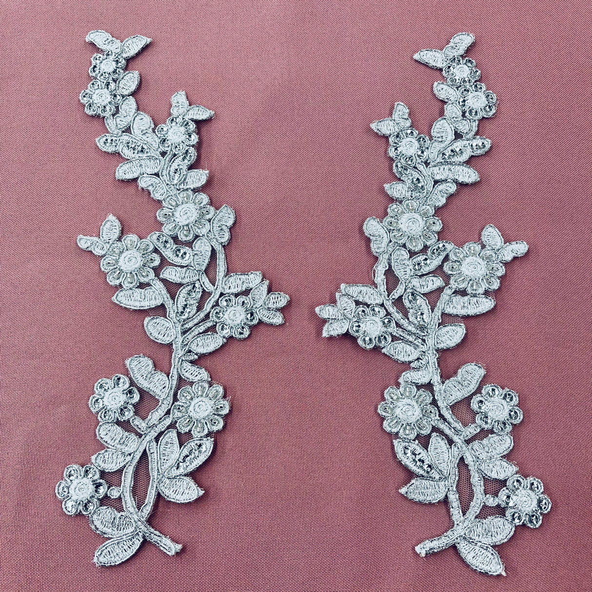Beaded Corded Floral Lace Applique Embroidered On 100 Percent Polyester Fabric - Floral Embroidery, 10" X 3" Each Side, 4 Colors (1 Pair)