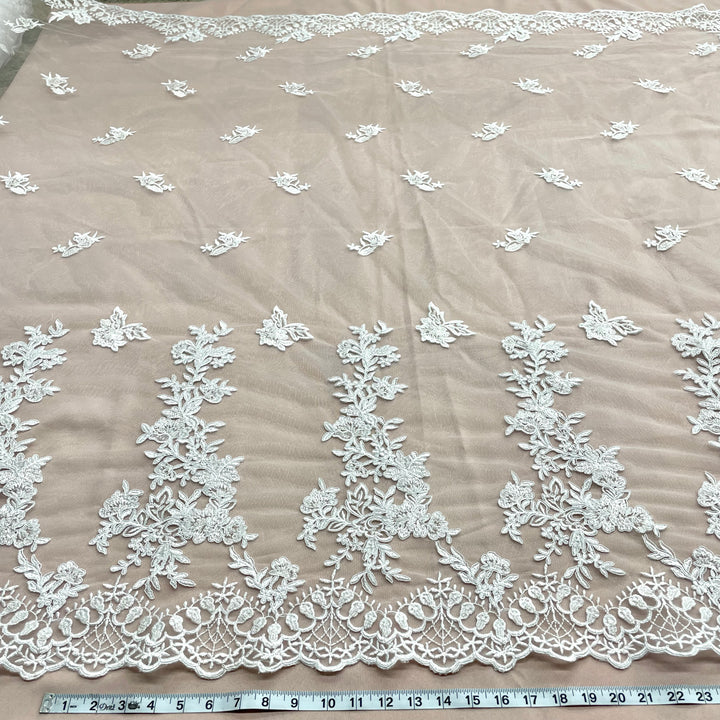 1 Yard Beaded Corded Bridal Lace Fabric Embroidered on Polyester Net White