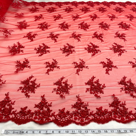 1 Yard Luxurious Beaded & Corded Bridal Lace Fabric Embroidered on Polyester Net Mesh – 54"