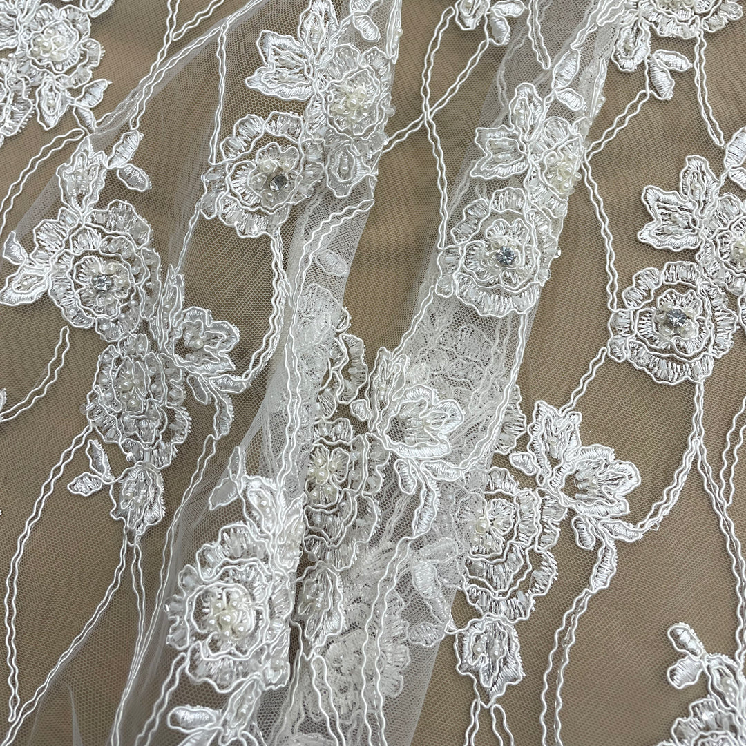 1 Yard Blush Beaded & Corded Bridal Lace Embroidered on Fabric 52" Wide Polyester Net Mesh