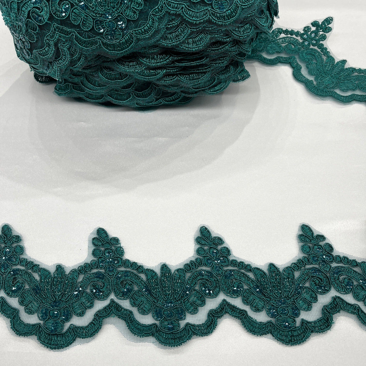 Beaded Corded Lace Trimming 100 Percent Polyester Net Mesh Fabric - Embroidered, 3" Wide, Multiple Colors (1 Yard)