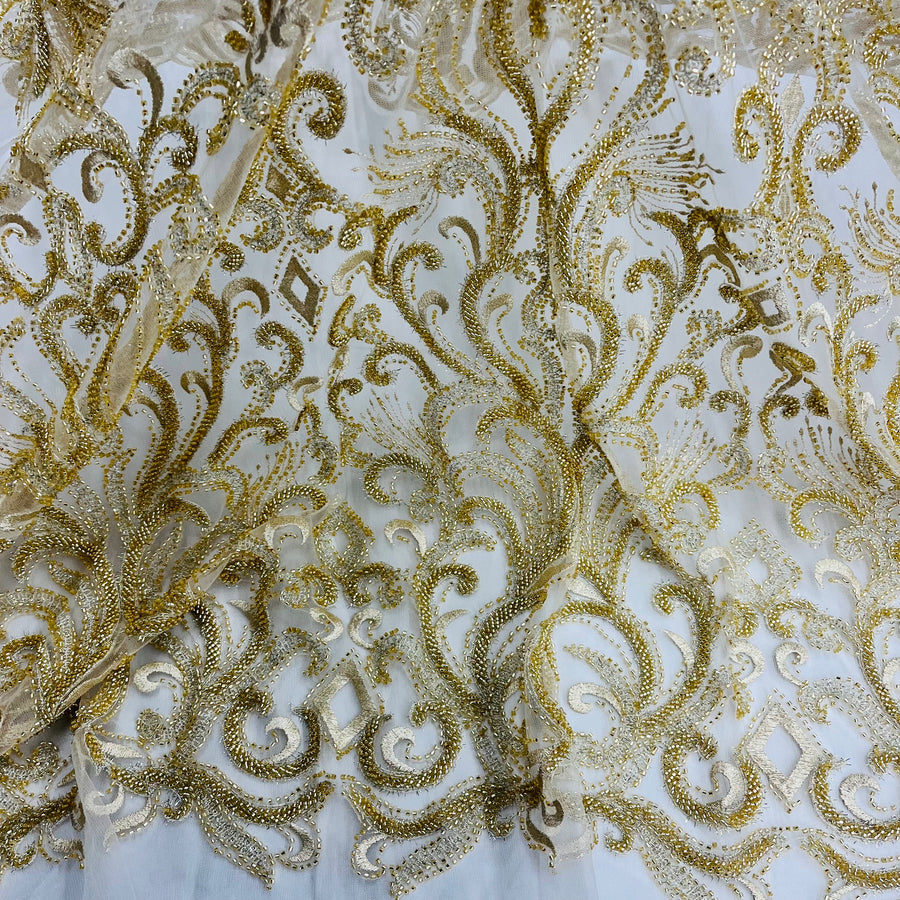 1 Yard Beaded Lace Fabric Embroidered with Fuzzy Thread on Polyester Net Mesh