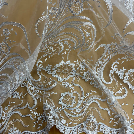 1 Yard Elegant Corded Bridal Lace Fabric Embroidered on 100% Polyester Net Mesh – Silver – 54"