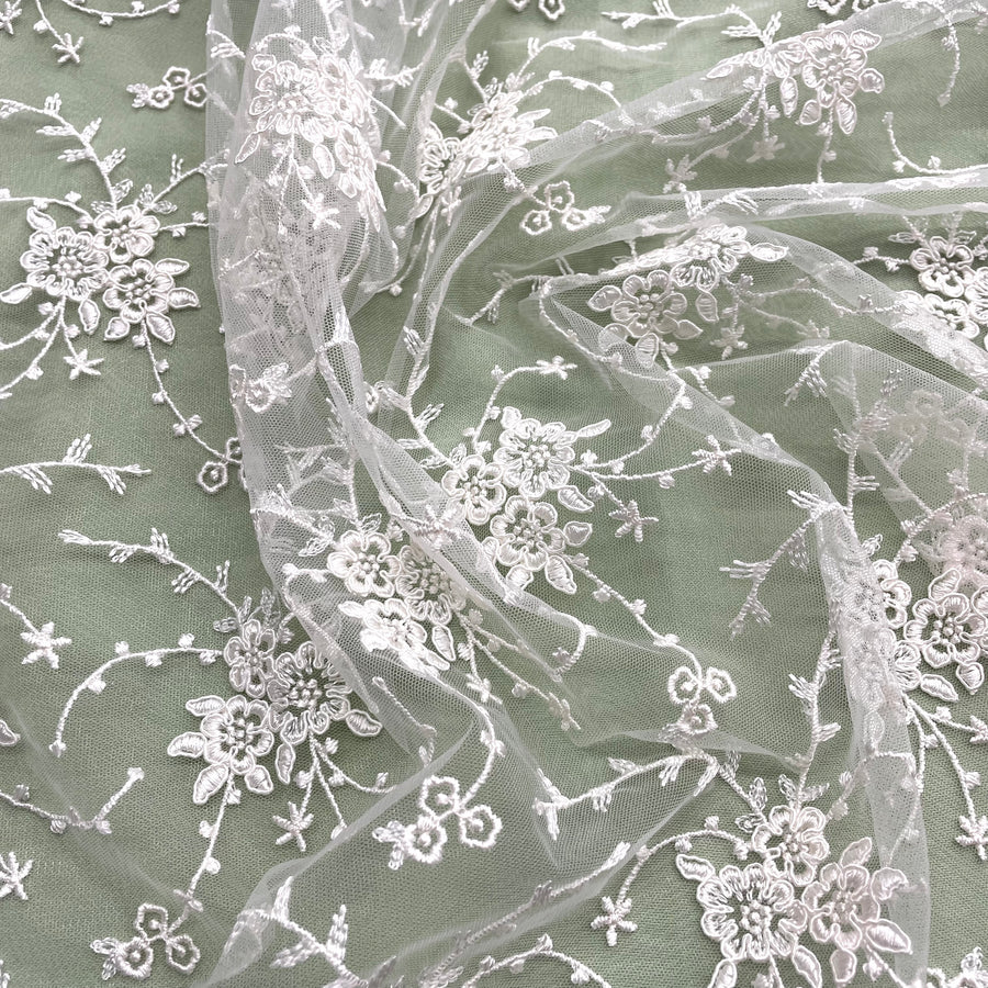 1 Yard - Corded Bridal Lace Fabric Embroidered on 100% Polyester Net Mesh - Ivory - 52"