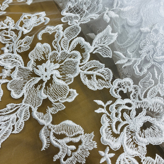 1 Yard Corded Bridal Lace Fabric Embroidered on Polyester Net Mesh 53 inch Width
