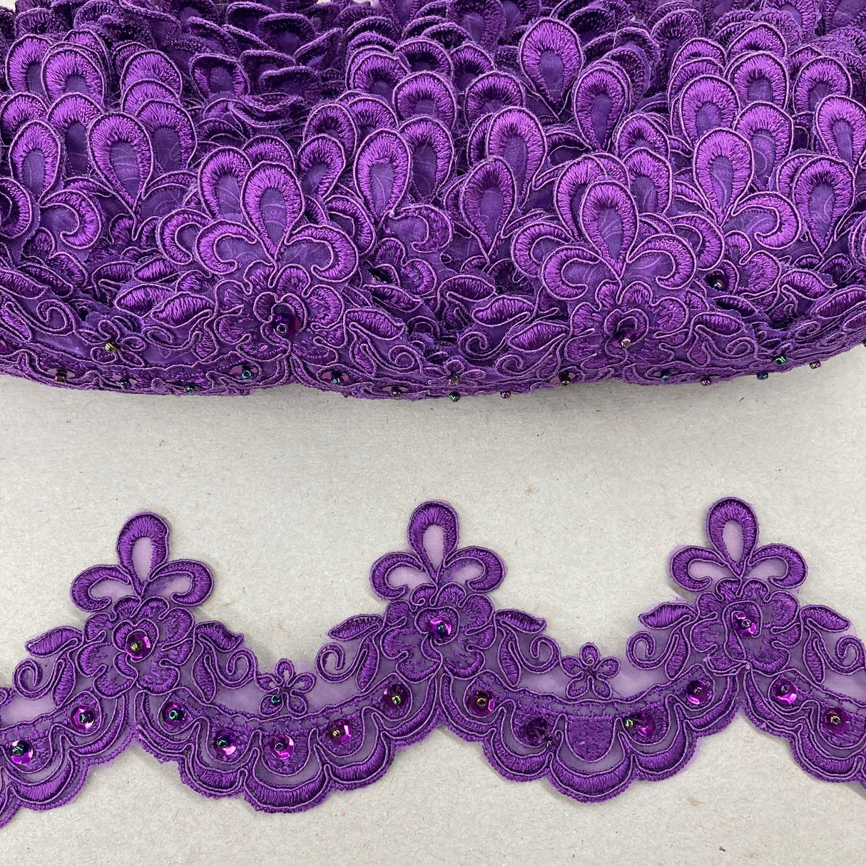 Beaded Lace Trimming Embroidered On 100 Percent Polyester Organza Fabric - Fuchsia, Lilac, Plum, Purple, Turquoise, 3" Width (1 Yard)