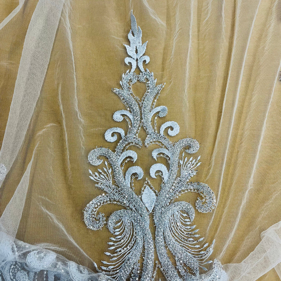 1 Yard Beaded Lace Fabric Embroidered with Fuzzy Thread on Polyester Net Mesh