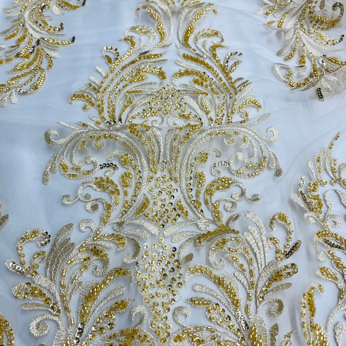 Beaded Lace Fabric on Polyester Net Mesh