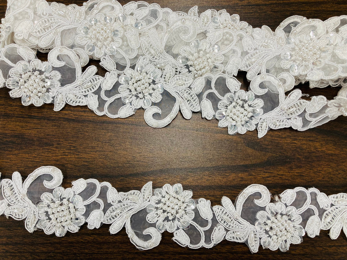 Beaded Corded Lace Trimming 2" Polyester Organza