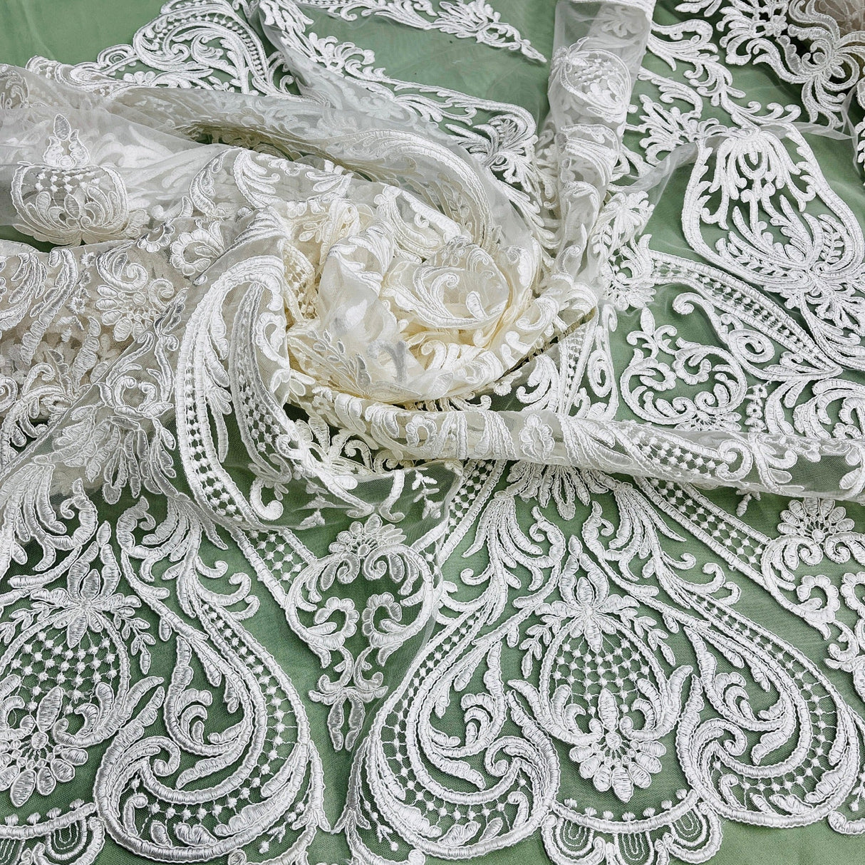 Bridal Lace Fabric Corded Embroidered 54" White Ivory Gold Silver