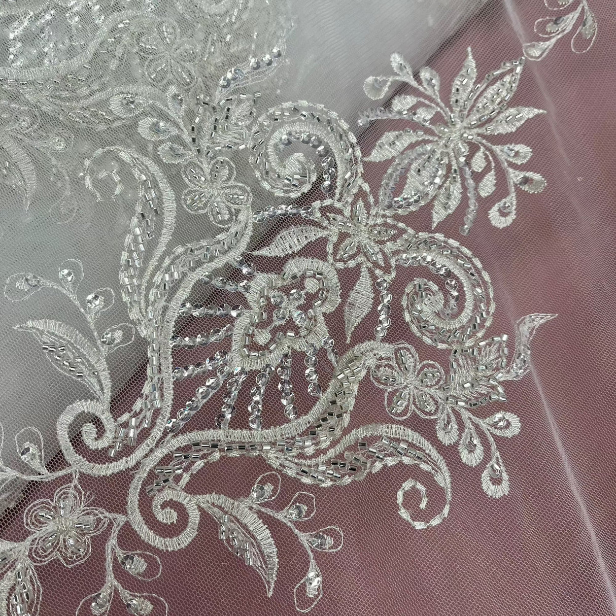 Beaded Lace Fabric Embroidered on Polyester Net Mesh