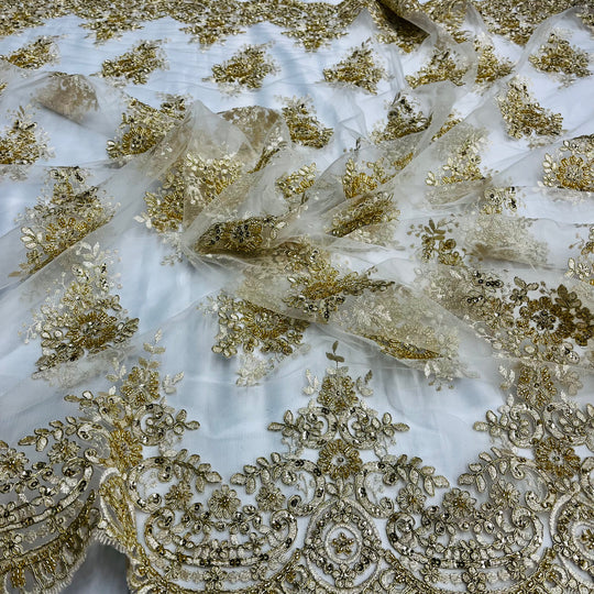 1 Yard Exquisite Beaded and Corded Lace Fabric Embroidered on Polyester Net Mesh