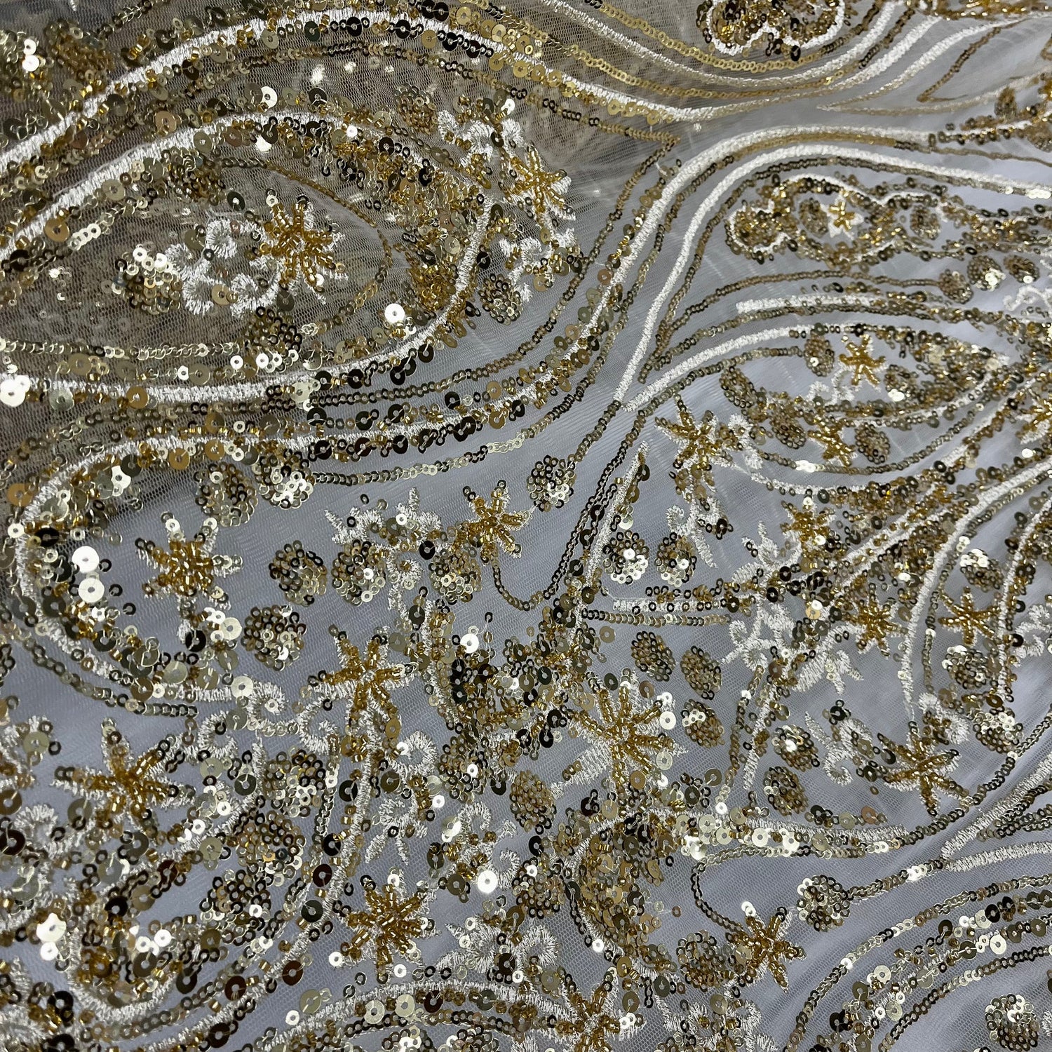 1 Yard Silver Beaded Lace Fabric Embroidered on Polyester Net Mesh Pearls Sequins 54 Inch Width