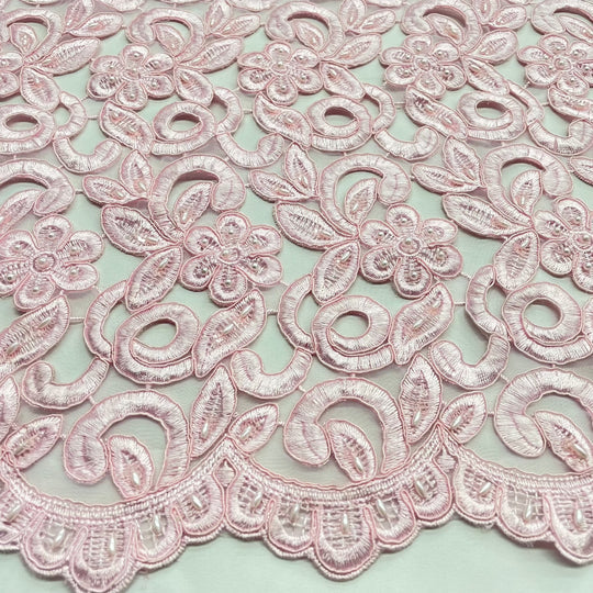 1 Yard Luxurious Beaded and Corded Bridal Lace Fabric Embroidered on Polyester Net Mesh