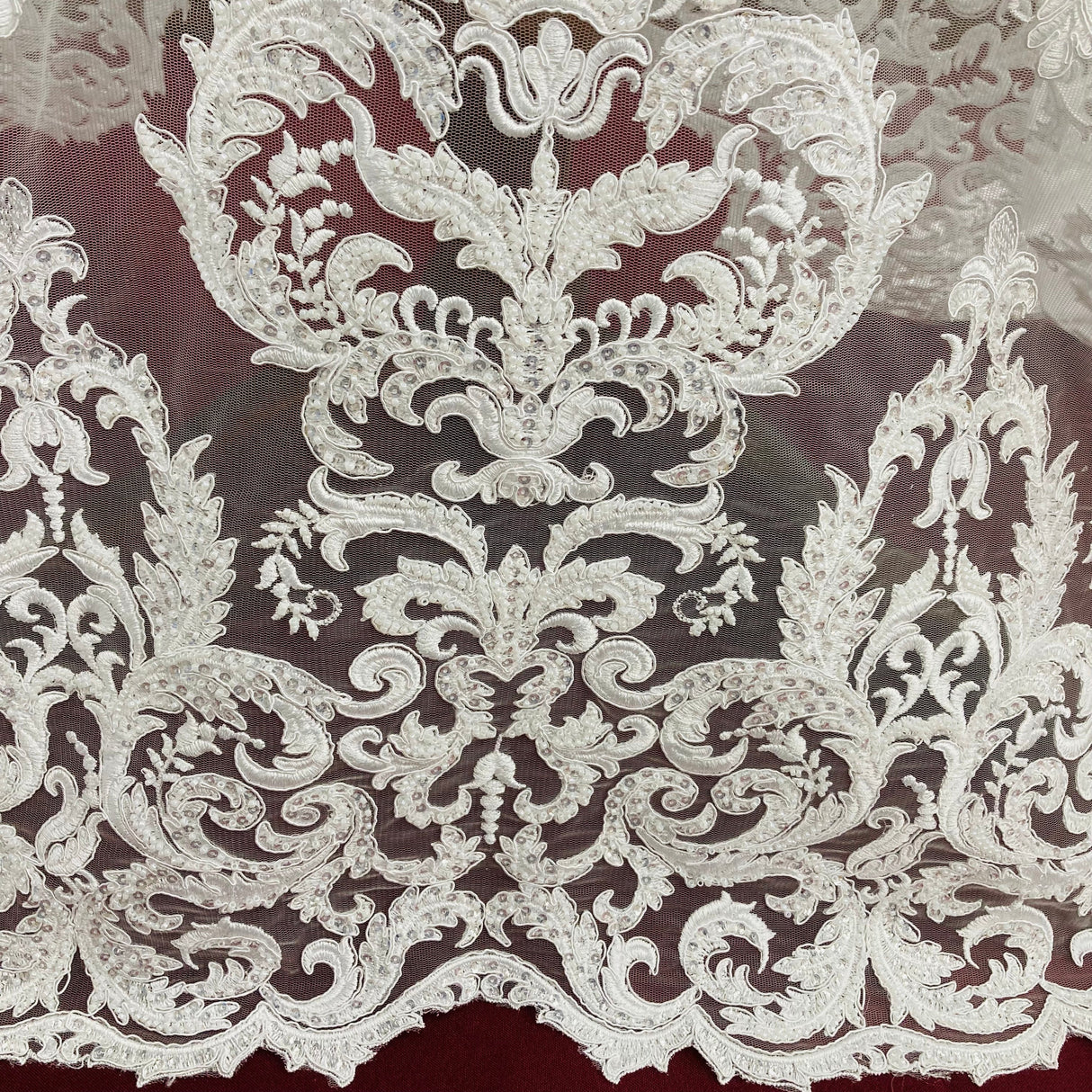 Beaded Corded Lace Fabric Embroidered on 100% Polyester Net Mesh