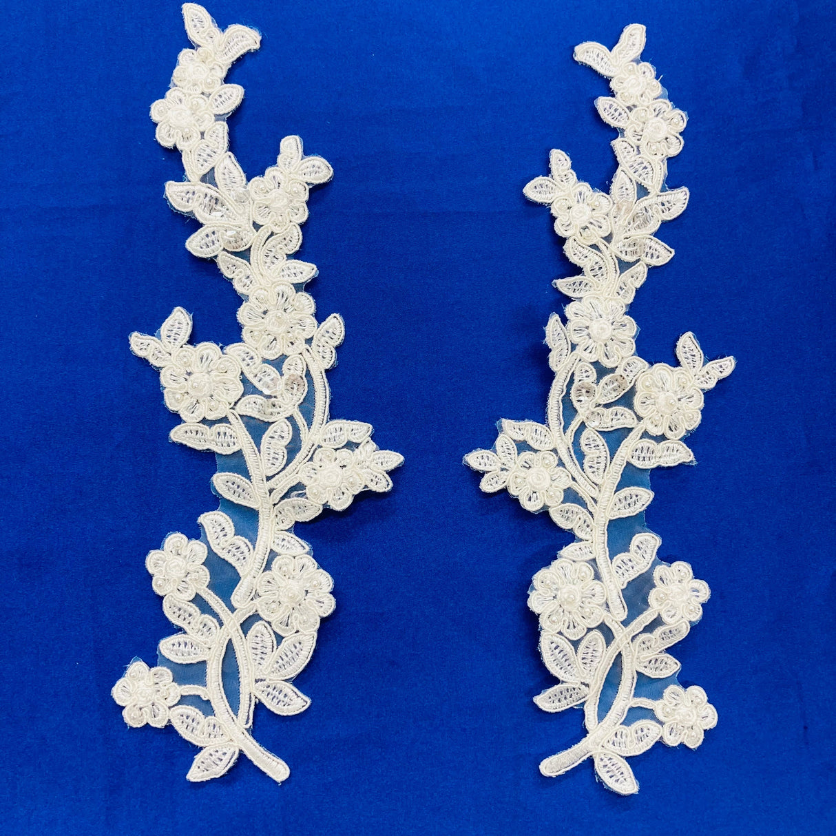Beaded Corded Floral Lace Applique Embroidered On 100 Percent Polyester Fabric - Floral Embroidery, 10" X 3" Each Side, 4 Colors (1 Pair)