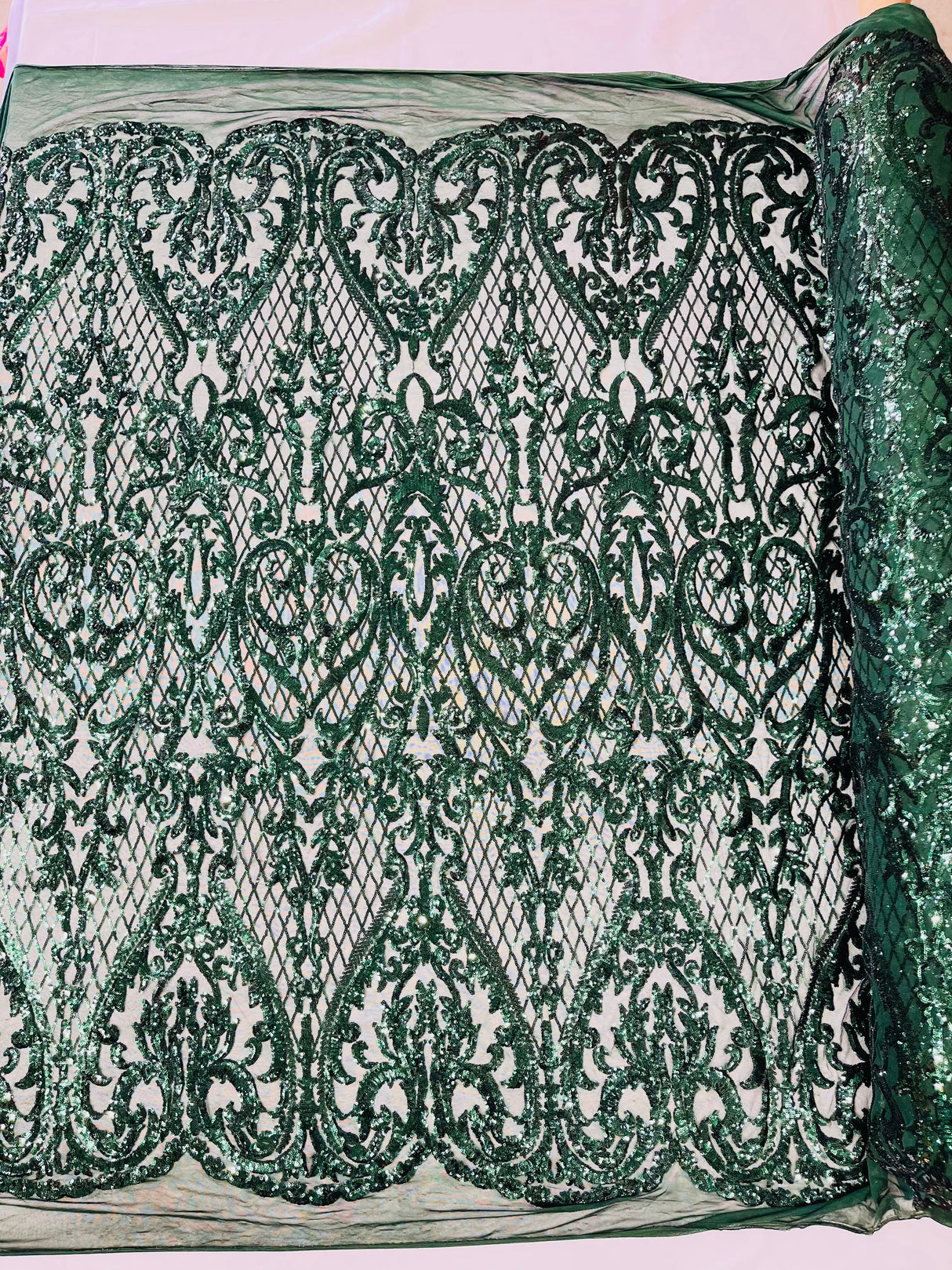 Heart Sequin Damask Polyester Fabric - Heart Damask, Iridescent Sequins, 54" Width (1 Yard)
