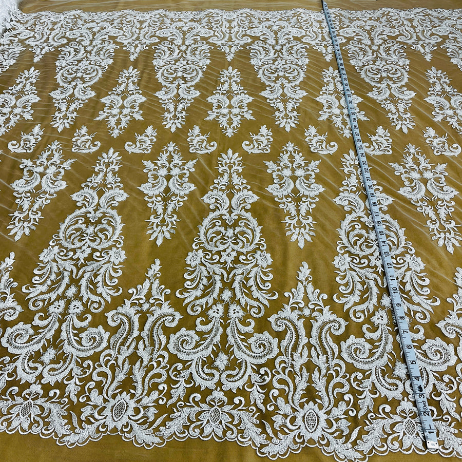 1 Yard Beaded Lace Fabric Embroidered on 100% Polyester Net Mesh | Off White, Ivory