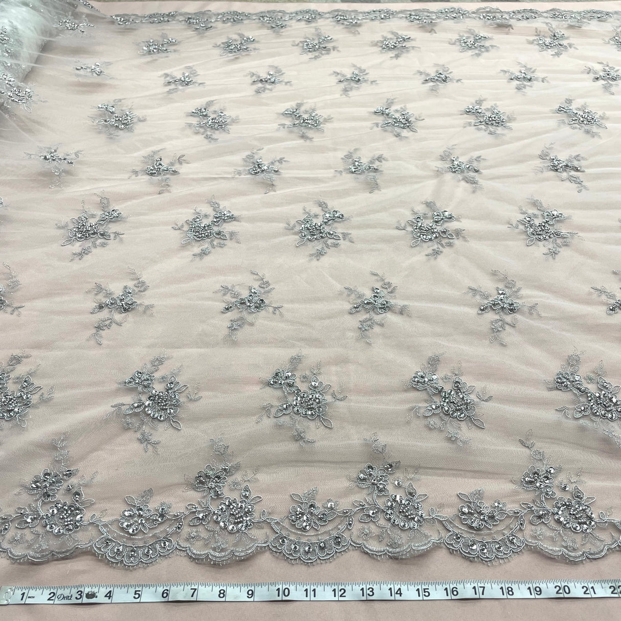 1 Yard Luxurious Beaded & Corded Bridal Lace Fabric Embroidered on Polyester Net Mesh – 54"
