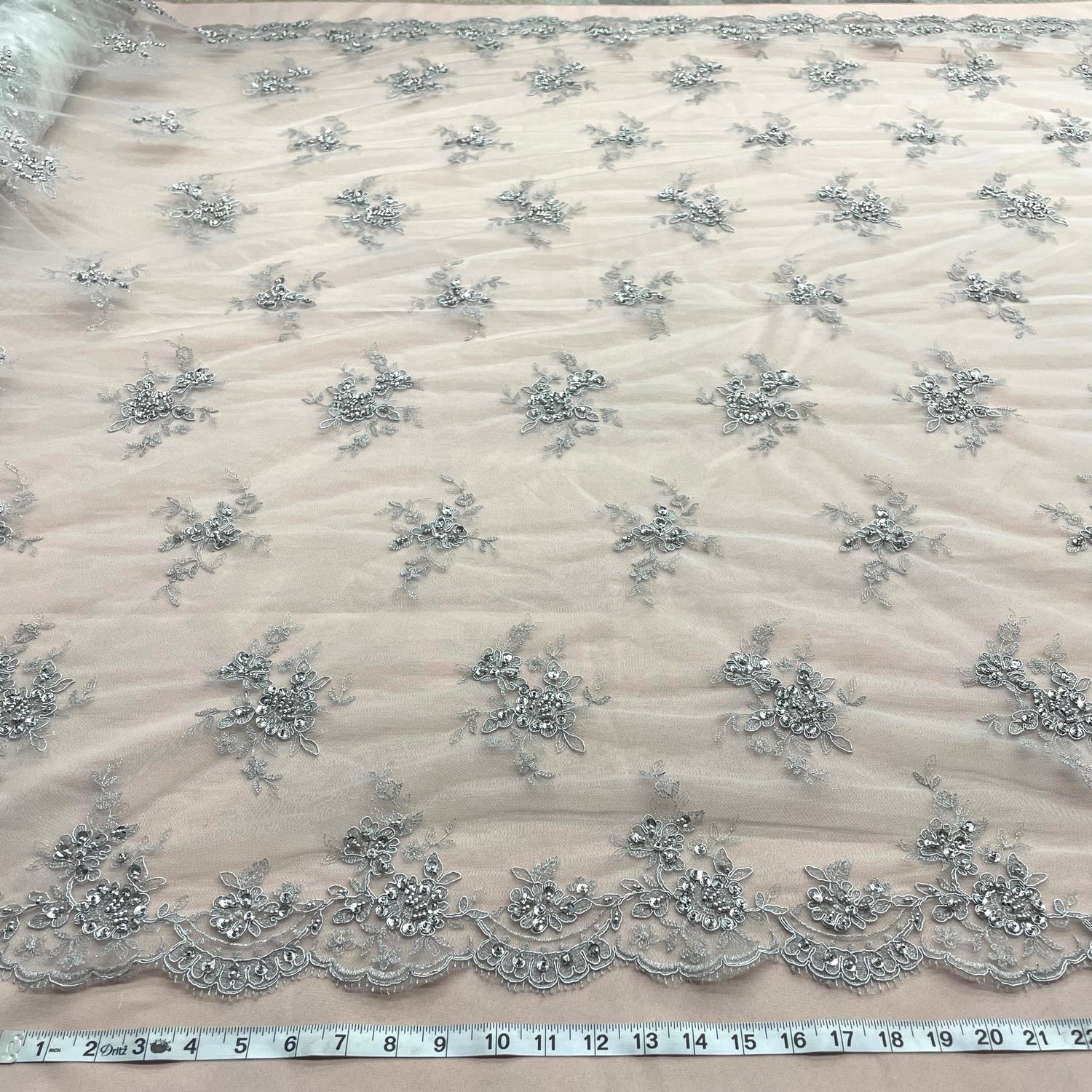 1 Yard Luxurious Beaded & Corded Bridal Lace Fabric Embroidered on Polyester Net Mesh – 54"