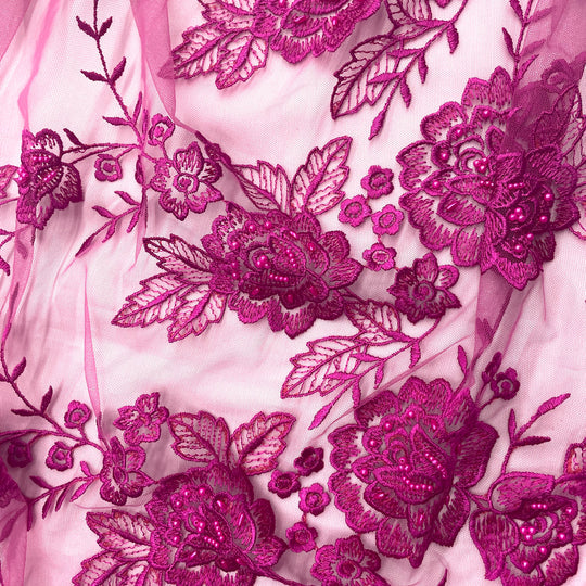 1 Yard Beaded Lace Fabric Embroidered on 100% Polyester Net Mesh | Lace USA - 30146W-BP - Fuchsia - 52" Wide