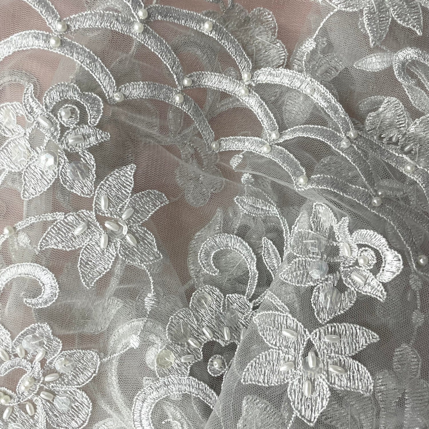 1 Yard Silver Beaded and Corded Bridal Fabric Lace Embroidered on Polyester Net Mesh for Wedding and Evening Gowns – 54"