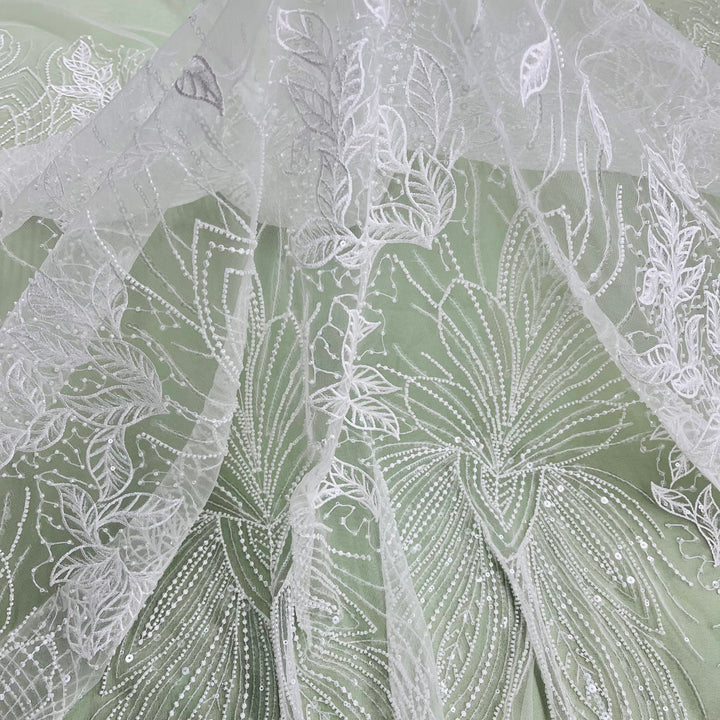1 Yard Elegant Beaded Lace Fabric Embroidered on 100% Polyester Net Mesh White